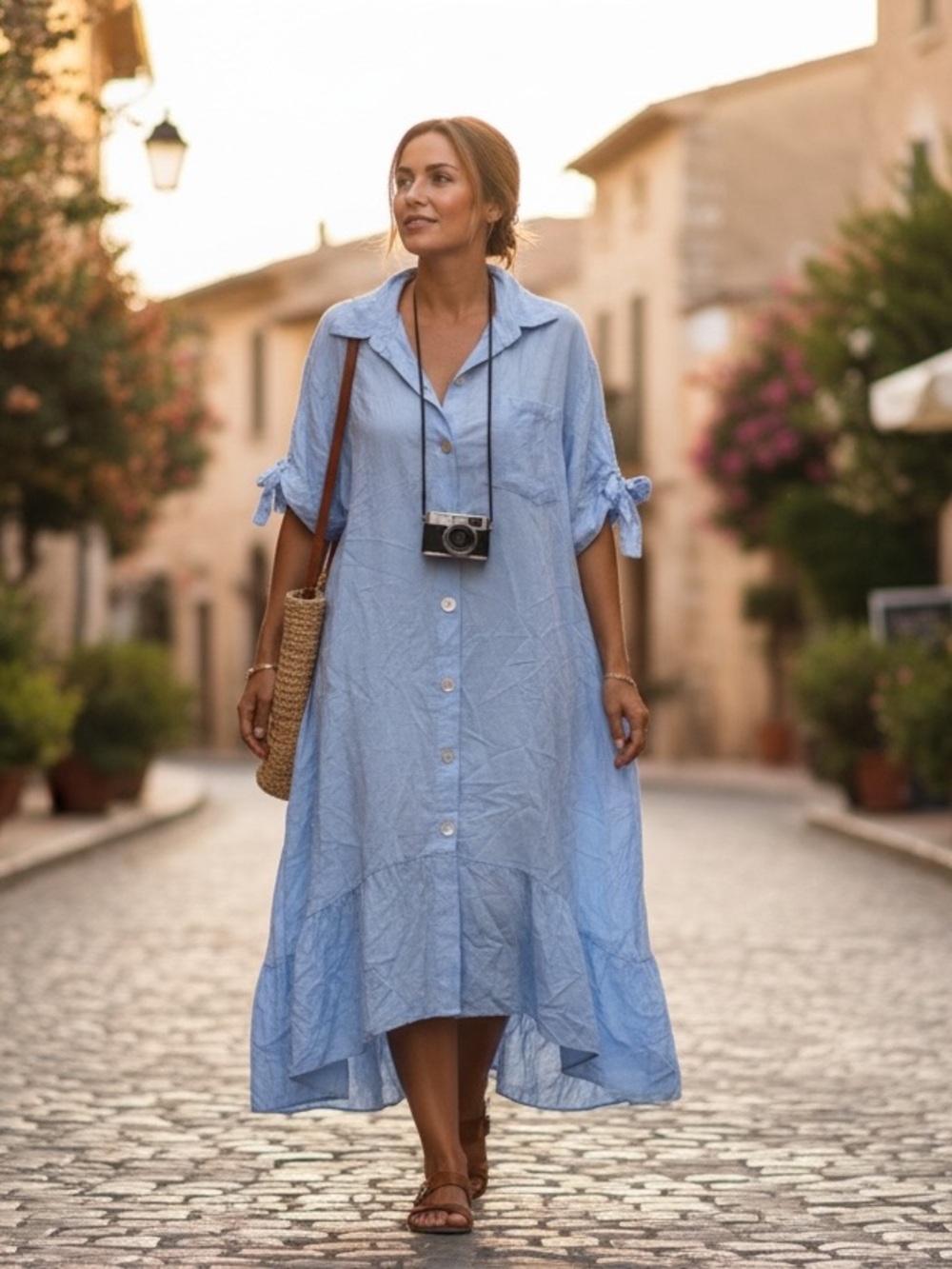 Light Blue Button-Down Midi Shirt Dress
